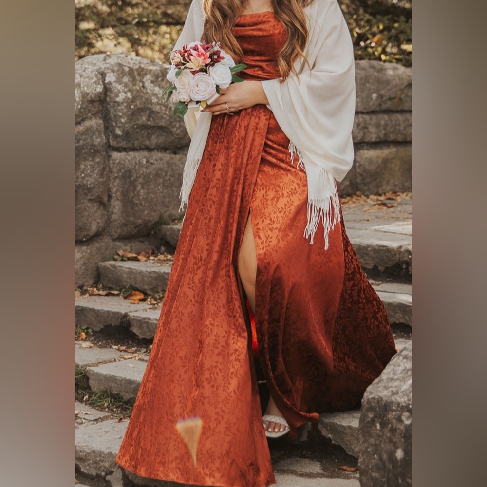 Davids bridal burnt orange jacquard bridesmaid dress